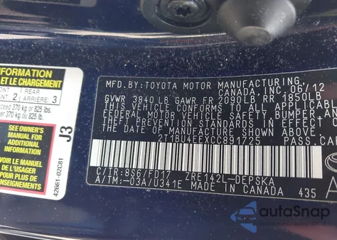 2012 Toyota Corolla S from USA, damaged, VIN 2T1BU4EEXCC891725